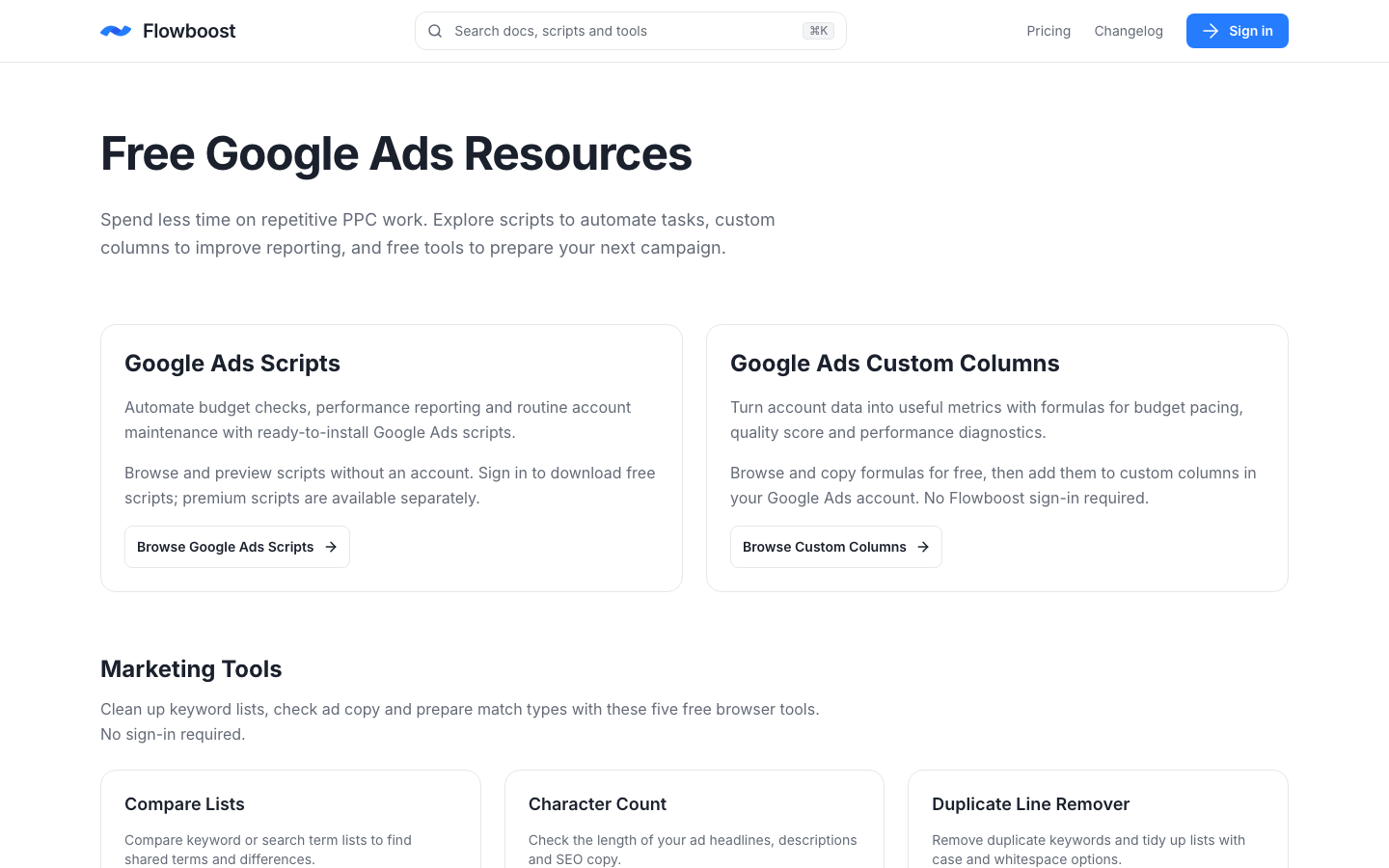 Free resources page with scripts, custom columns and free marketing tools