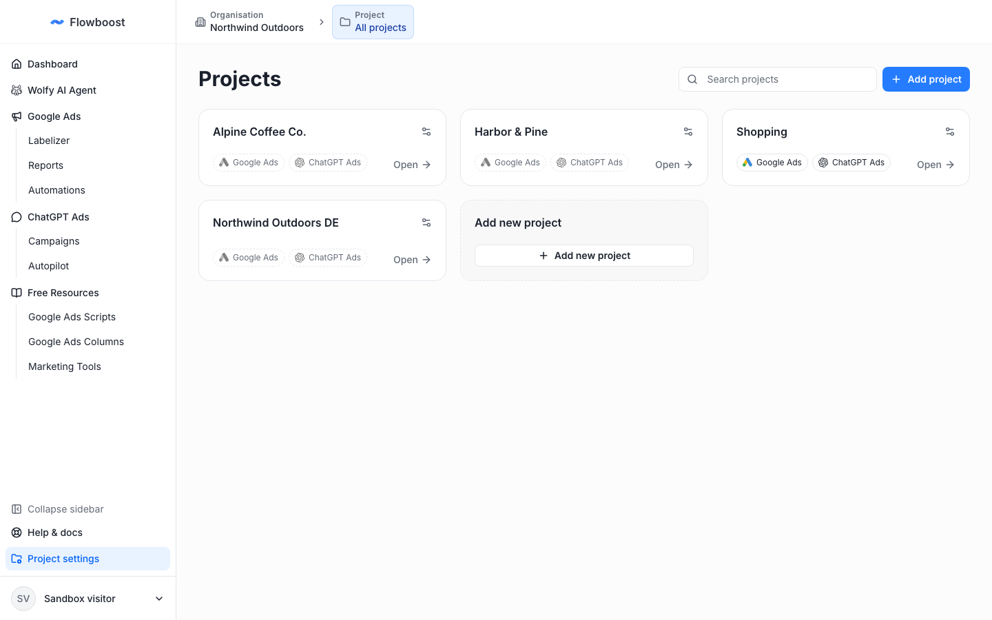 Projects page of an organisation