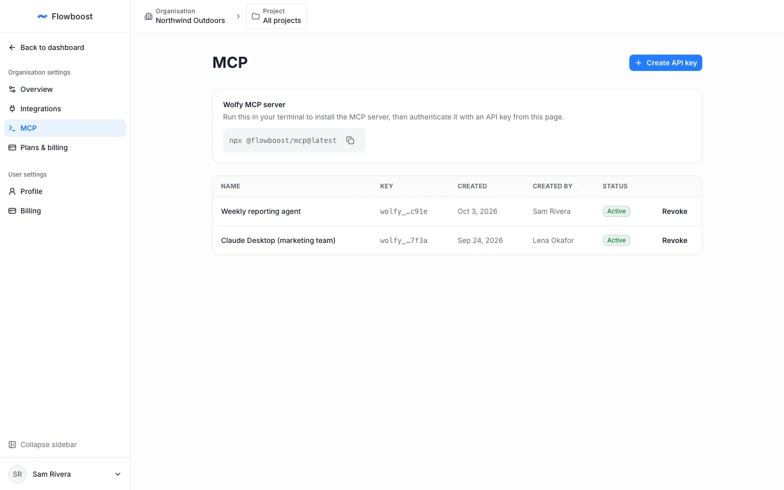 Organisation settings listing API keys created by different team members