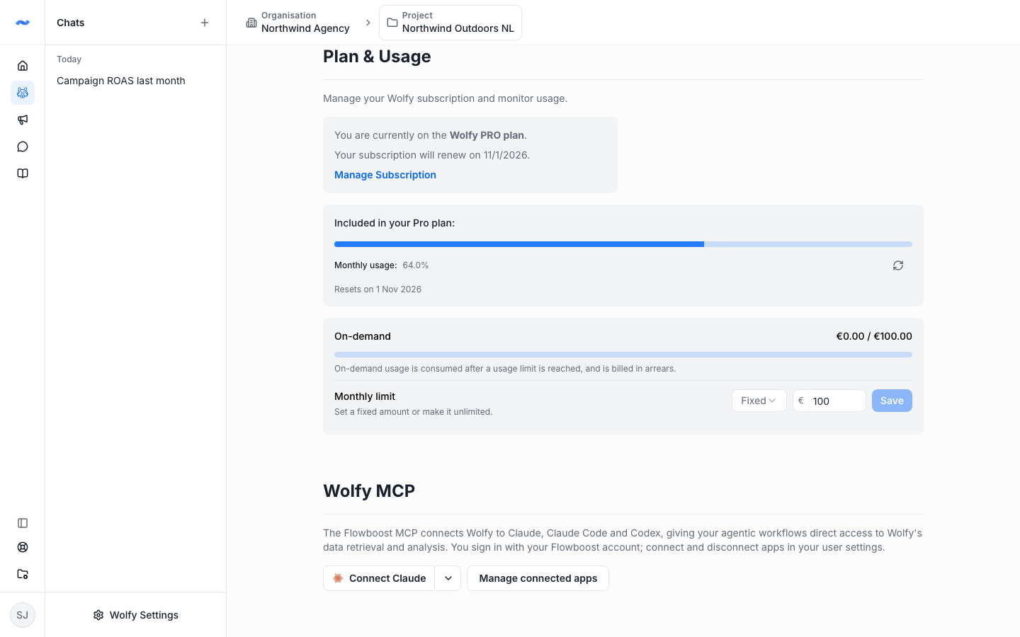 Wolfy plan and usage settings with included usage and an on-demand monthly limit
