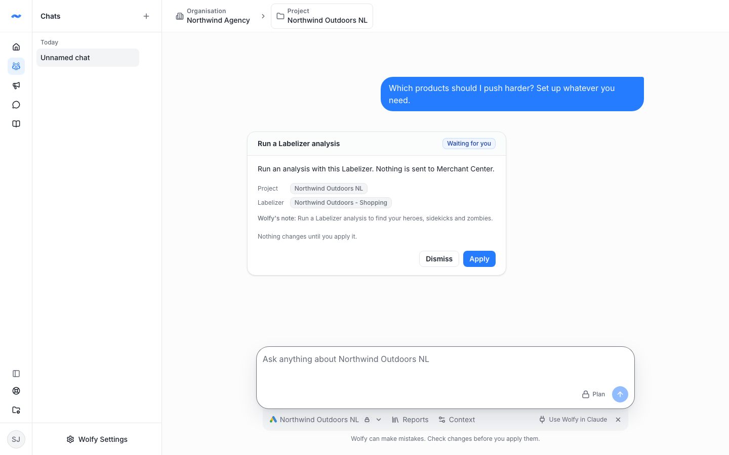 Wolfy chat with a proposed Labelizer analysis waiting to be applied