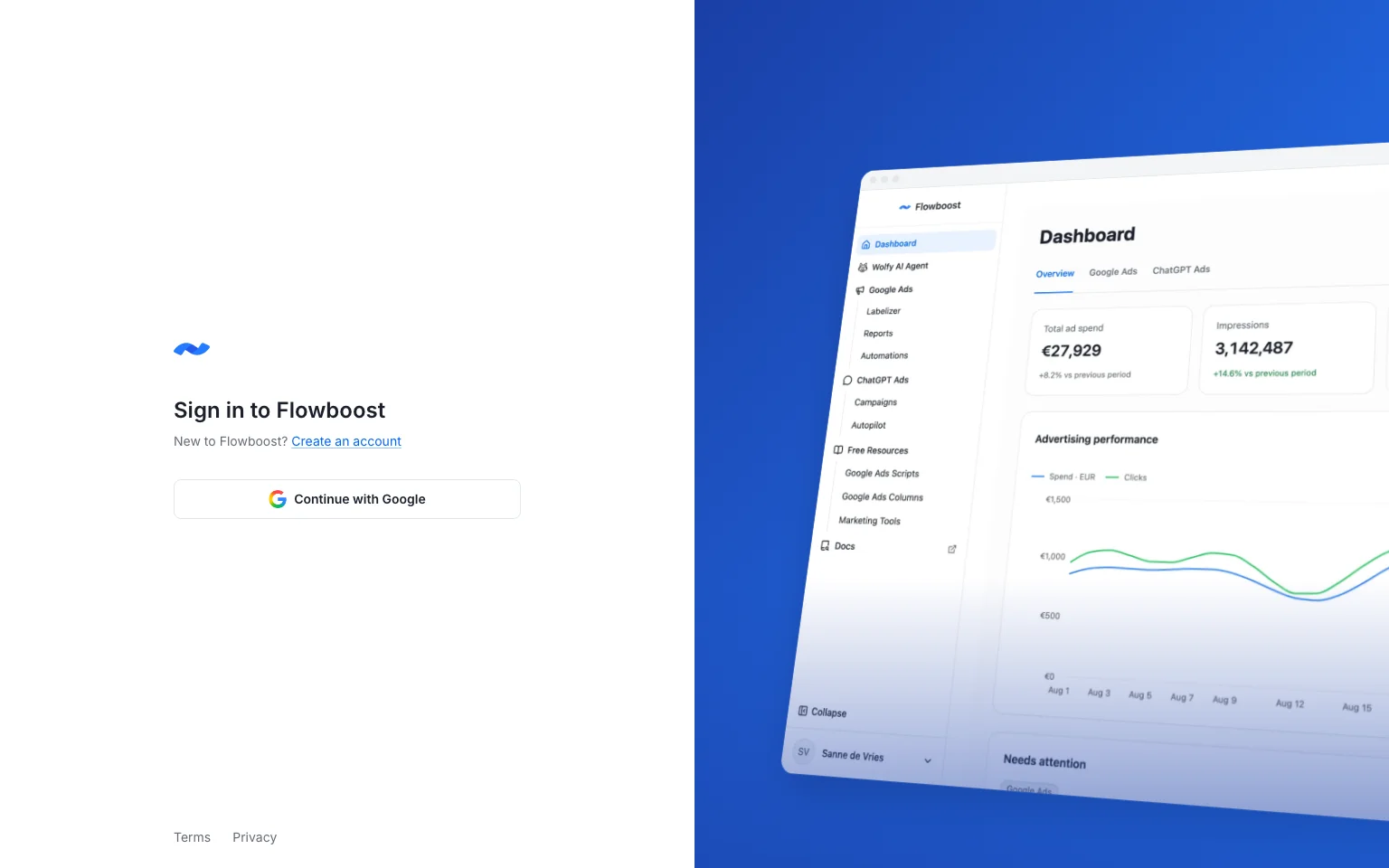 New Flowboost sign-in page with Continue with Google