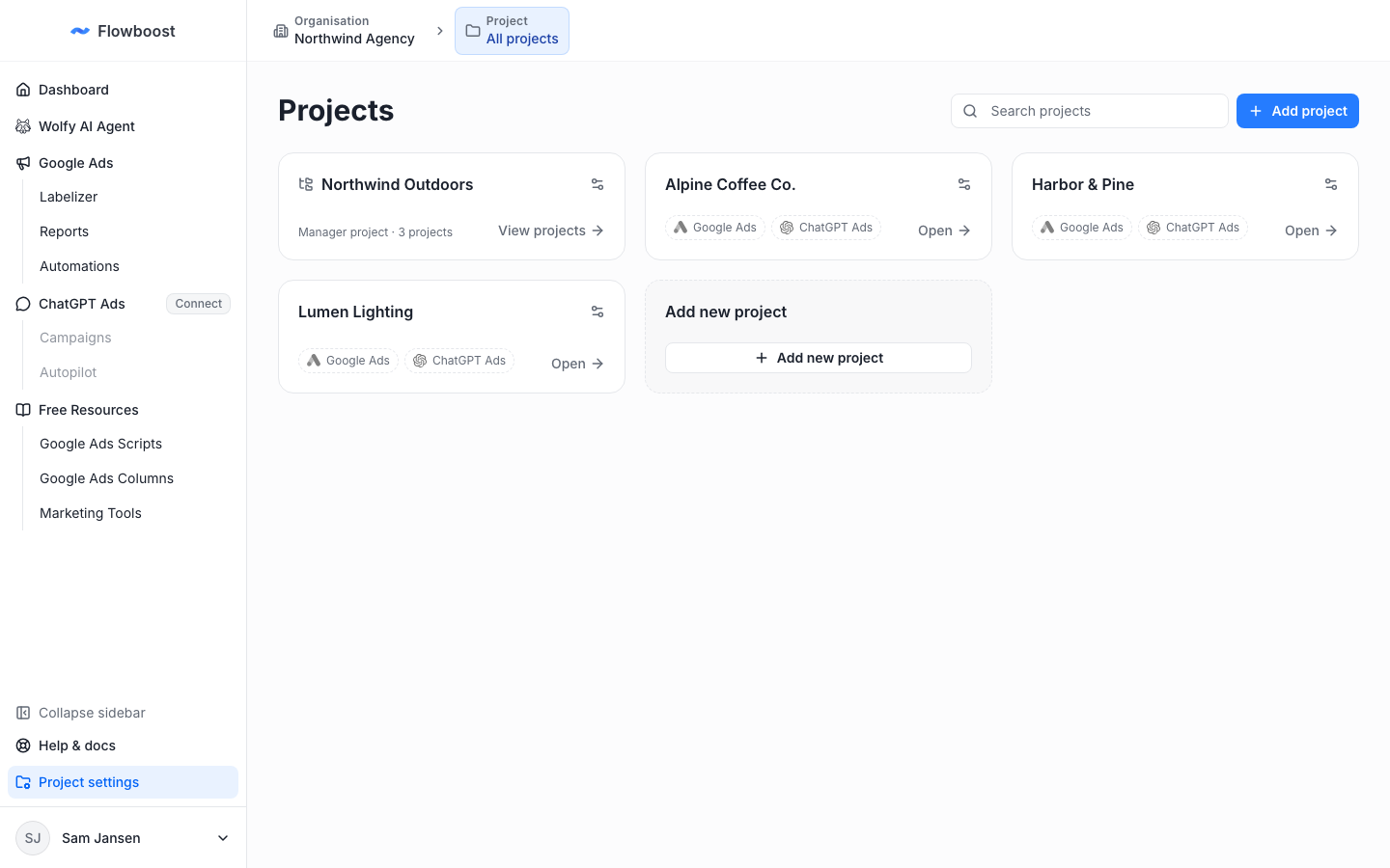 Projects page with a manager project tile holding three projects