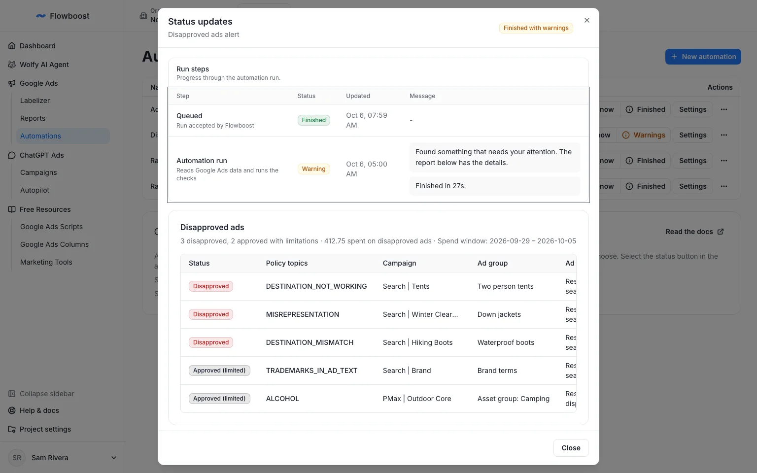 Disapproved ads alert run listing disapproved and limited ads with their policy topics
