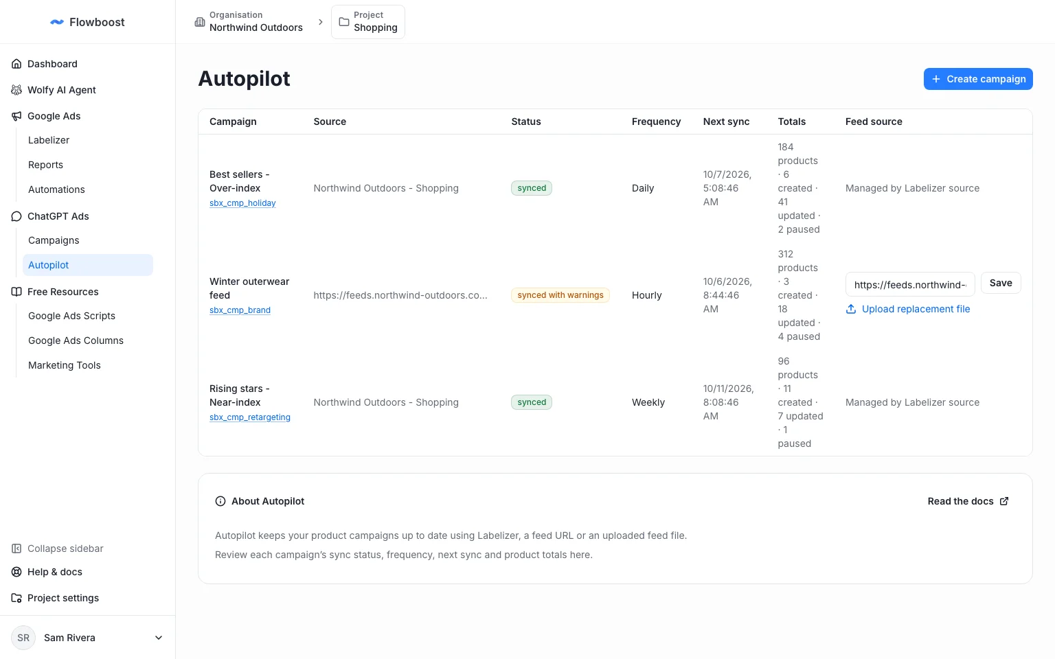 ChatGPT Ads Autopilot page listing synced campaigns with their source, frequency and next sync