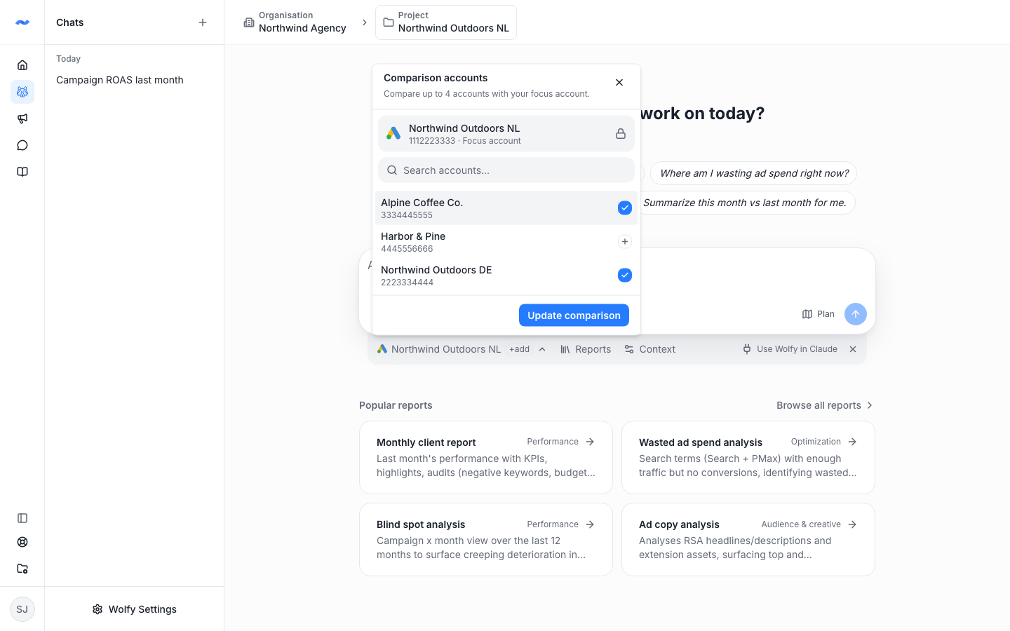 Wolfy account picker with a focus account and two comparison accounts