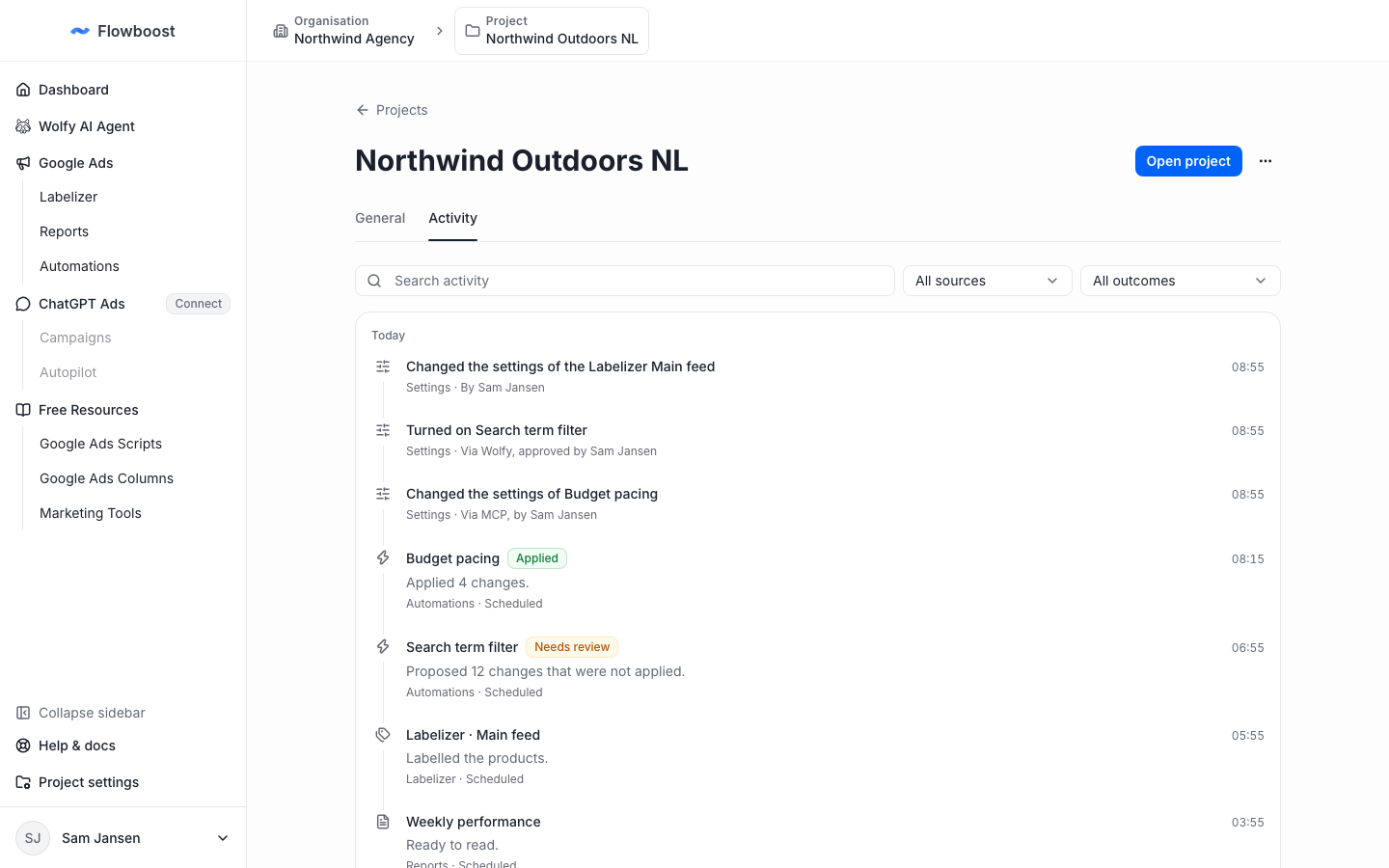 Activity tab in project settings with automation runs, a Labelizer run, a report and settings changes made via Wolfy and MCP