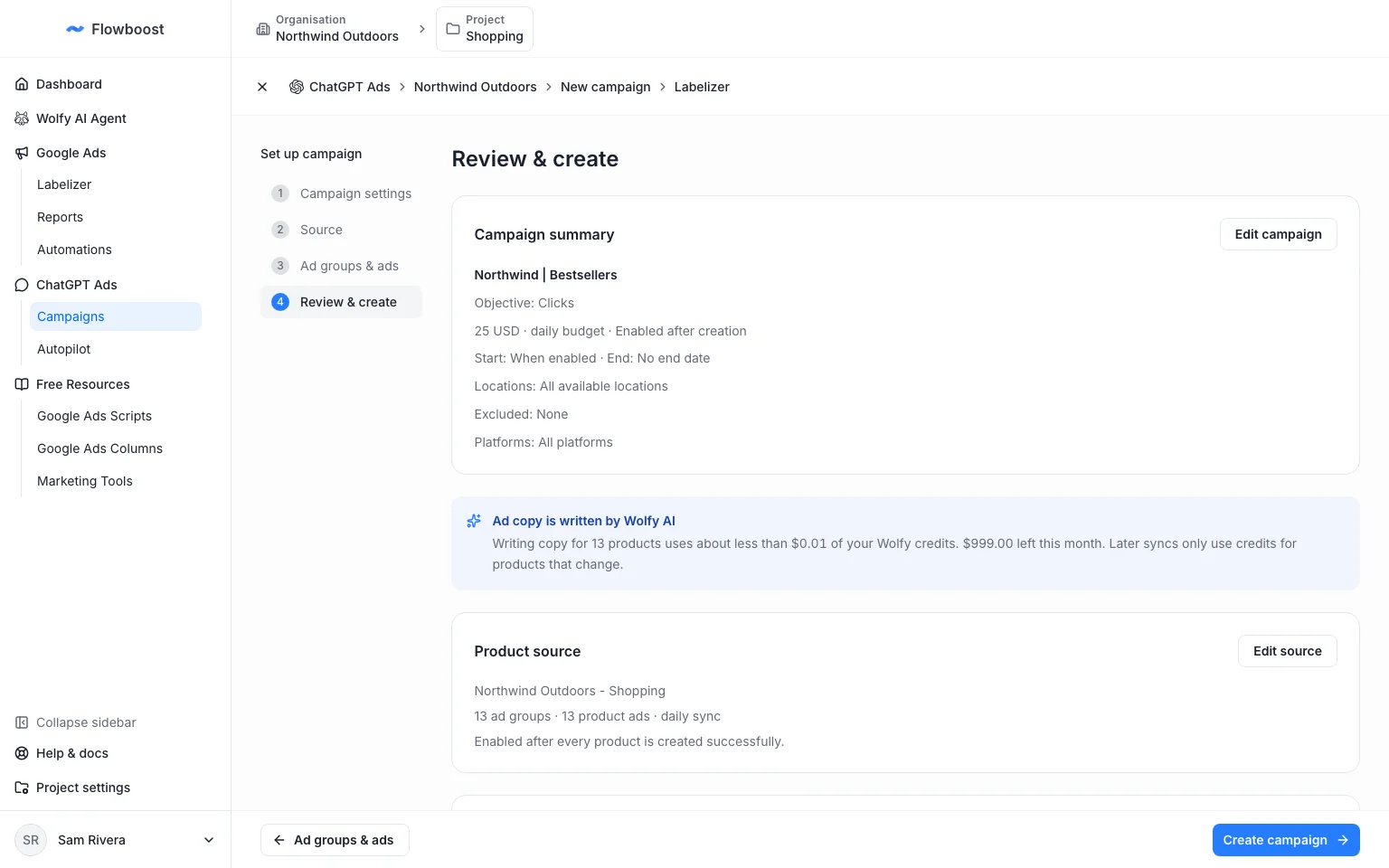 ChatGPT Ads review step showing the ad copy estimate in Wolfy credits