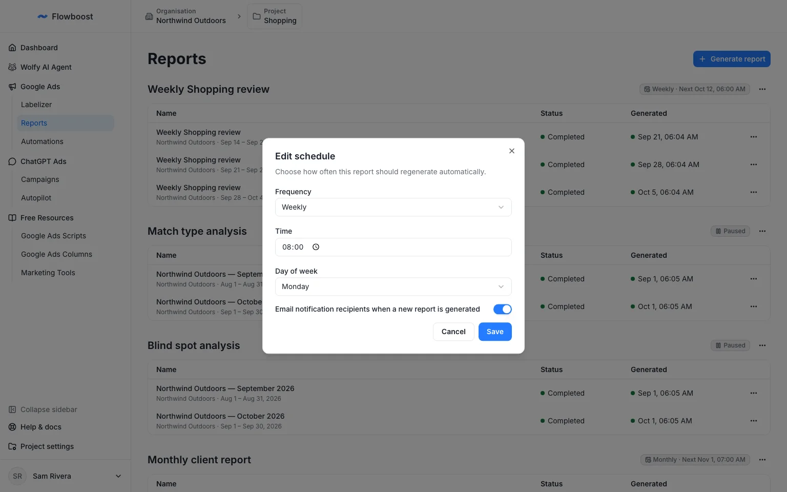 Reports page with a weekly report template and its Edit schedule dialog