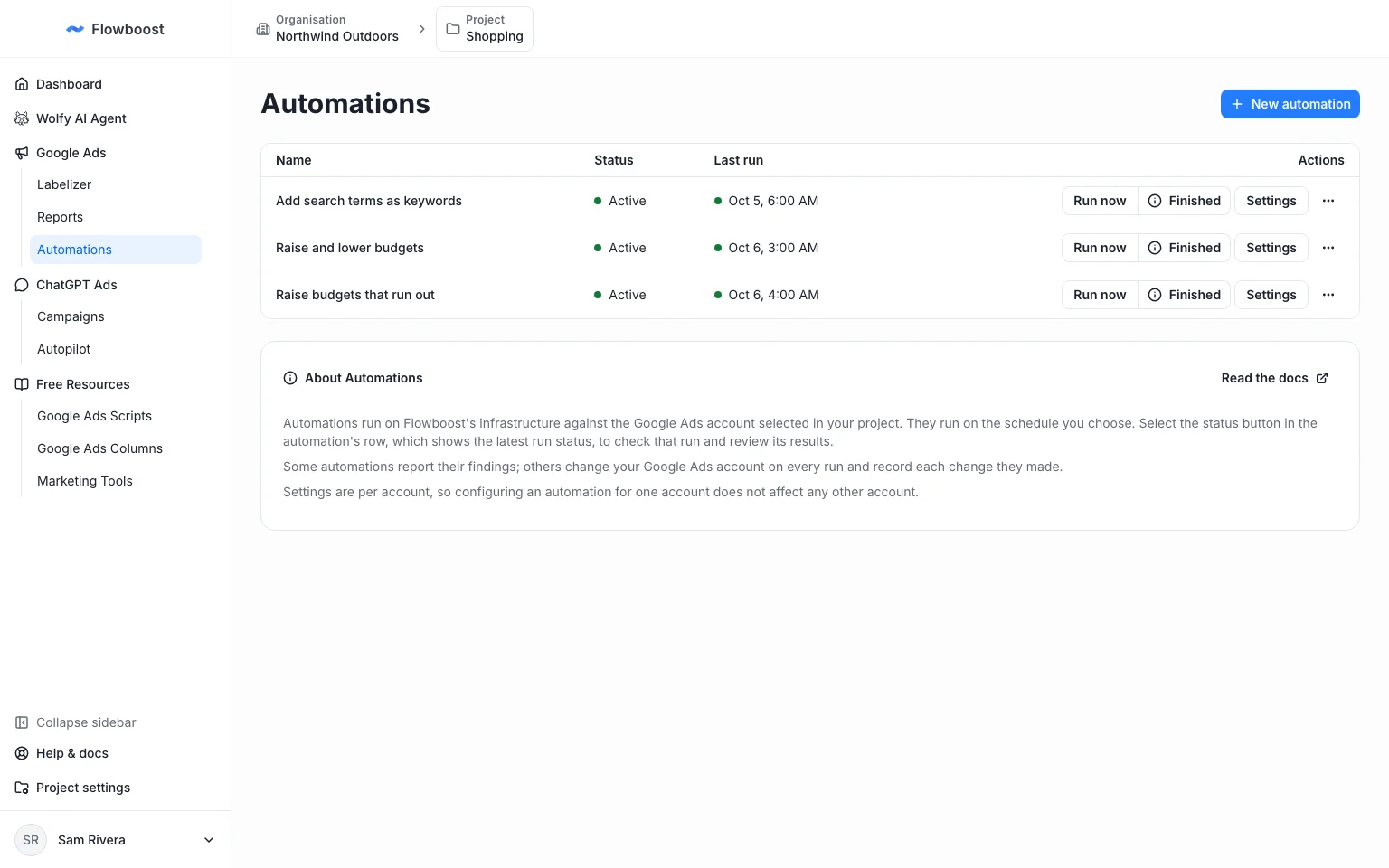 Automations page with three budget and keyword automations active