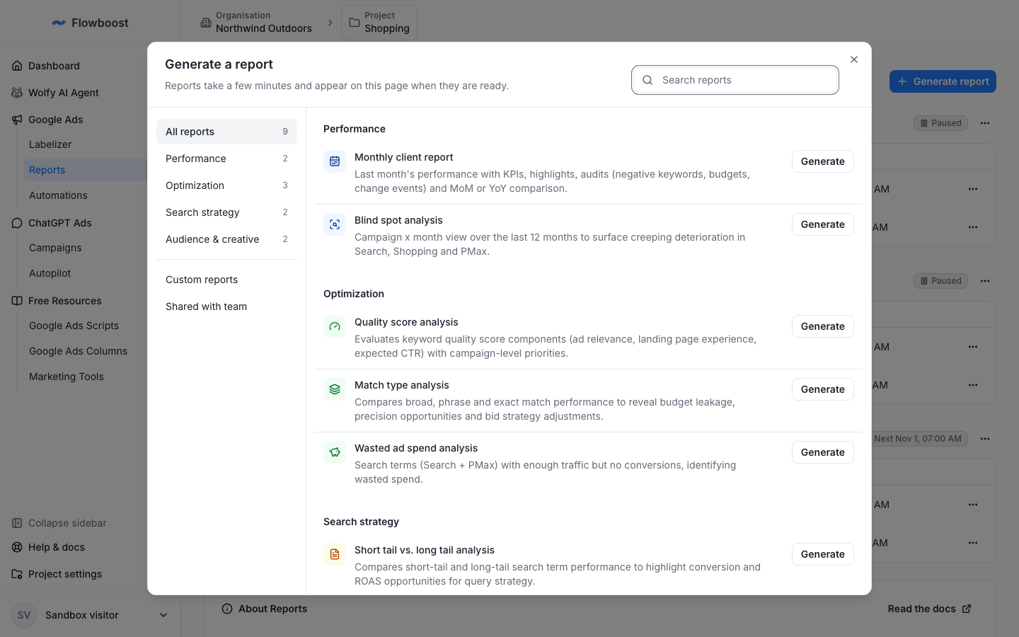 Report picker with categories, including Monthly client report and Wasted ad spend analysis