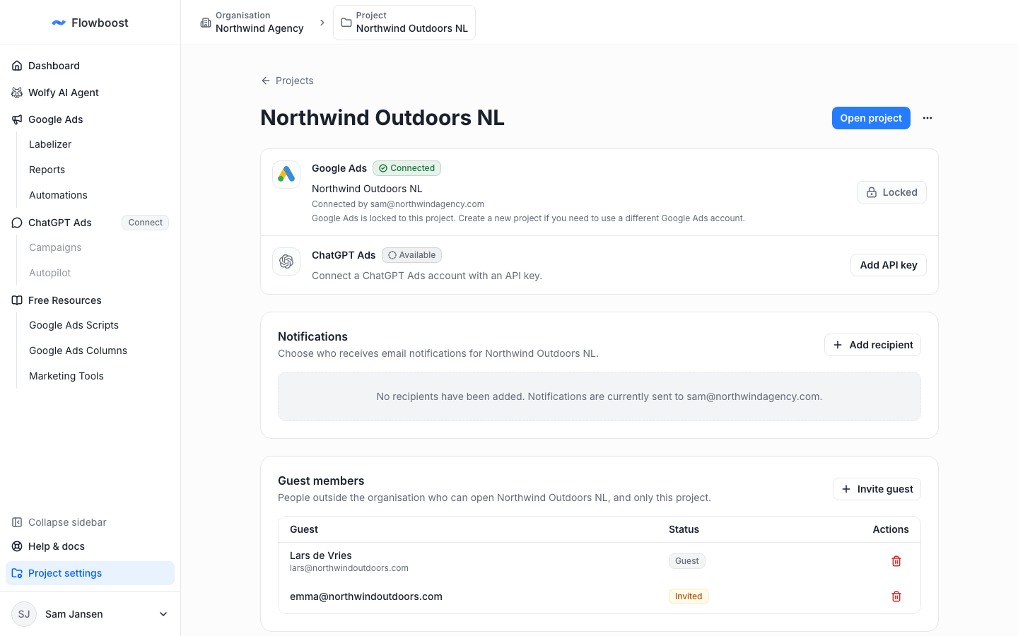 Guest members card in project settings with a guest and a pending invitation