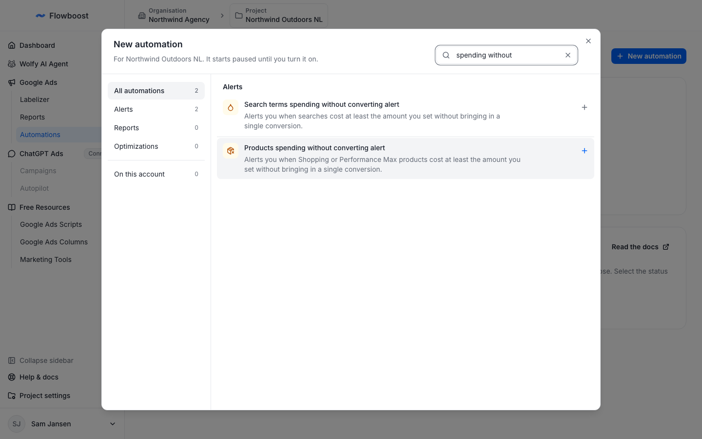 New automation dialog showing the search terms and products spending without converting alerts