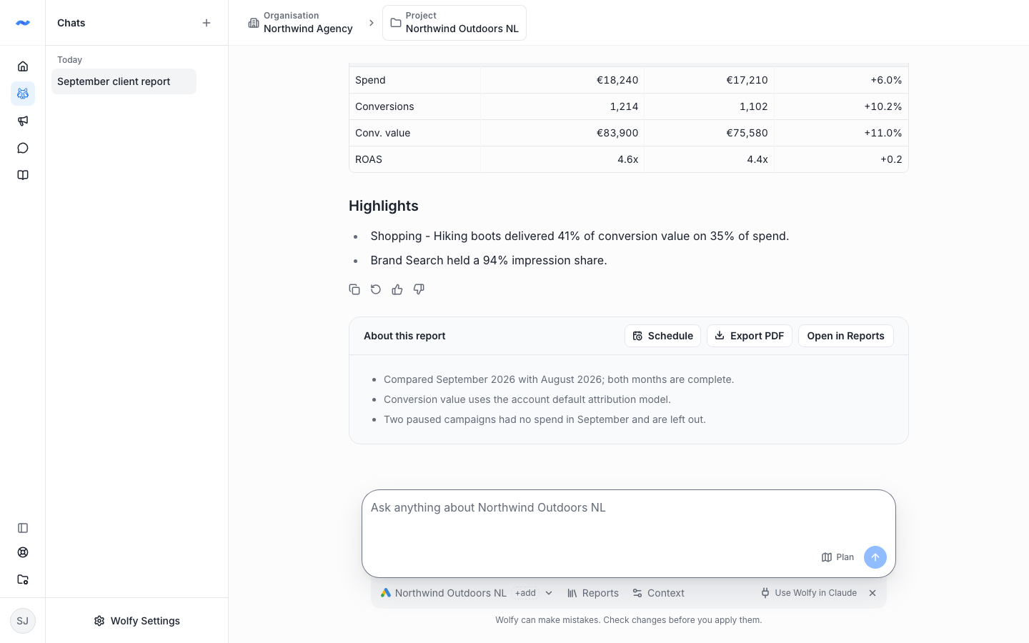 Monthly client report in Wolfy with the About this report card, schedule and PDF export