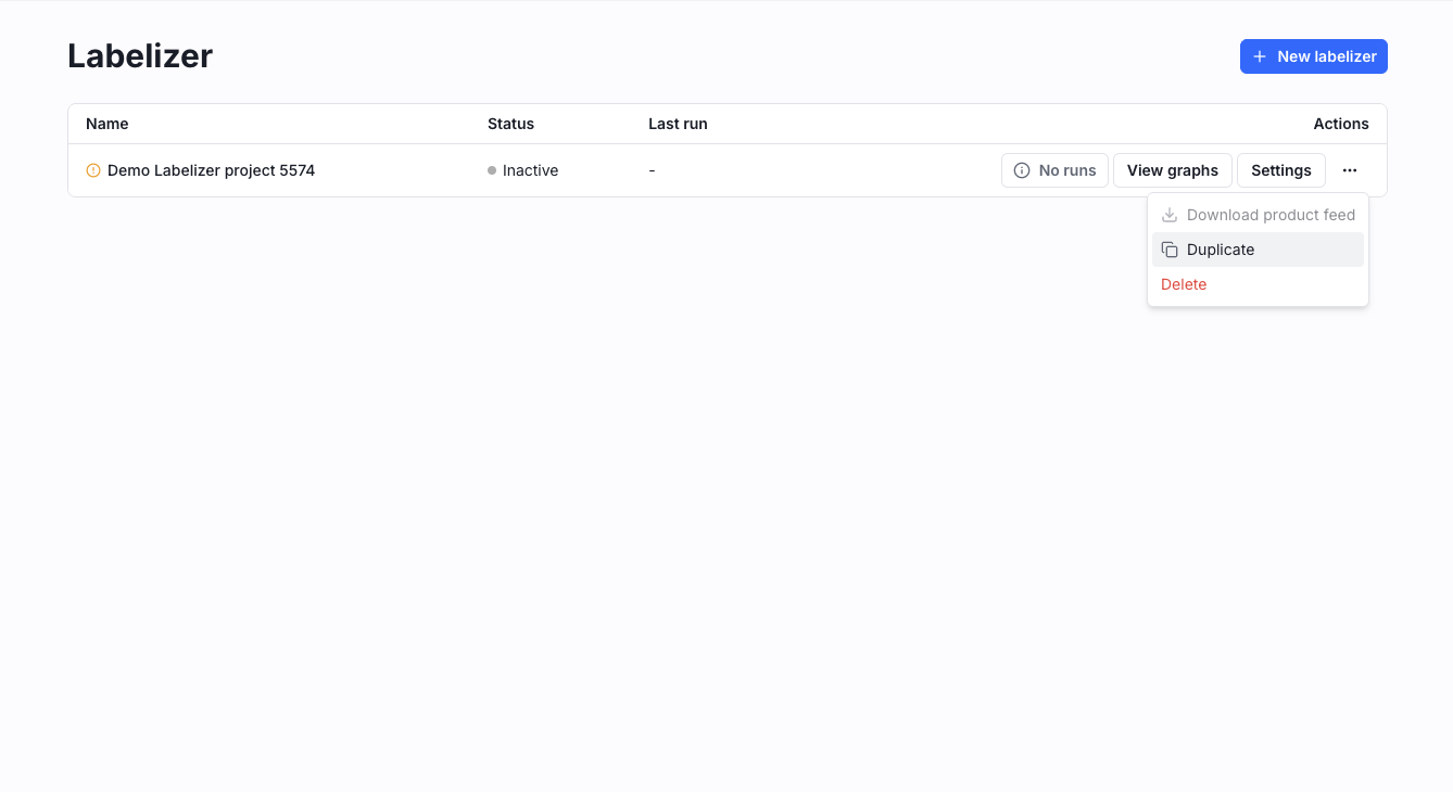 Image: screenshot of the "duplicate project" option in the Labelizer project menu
