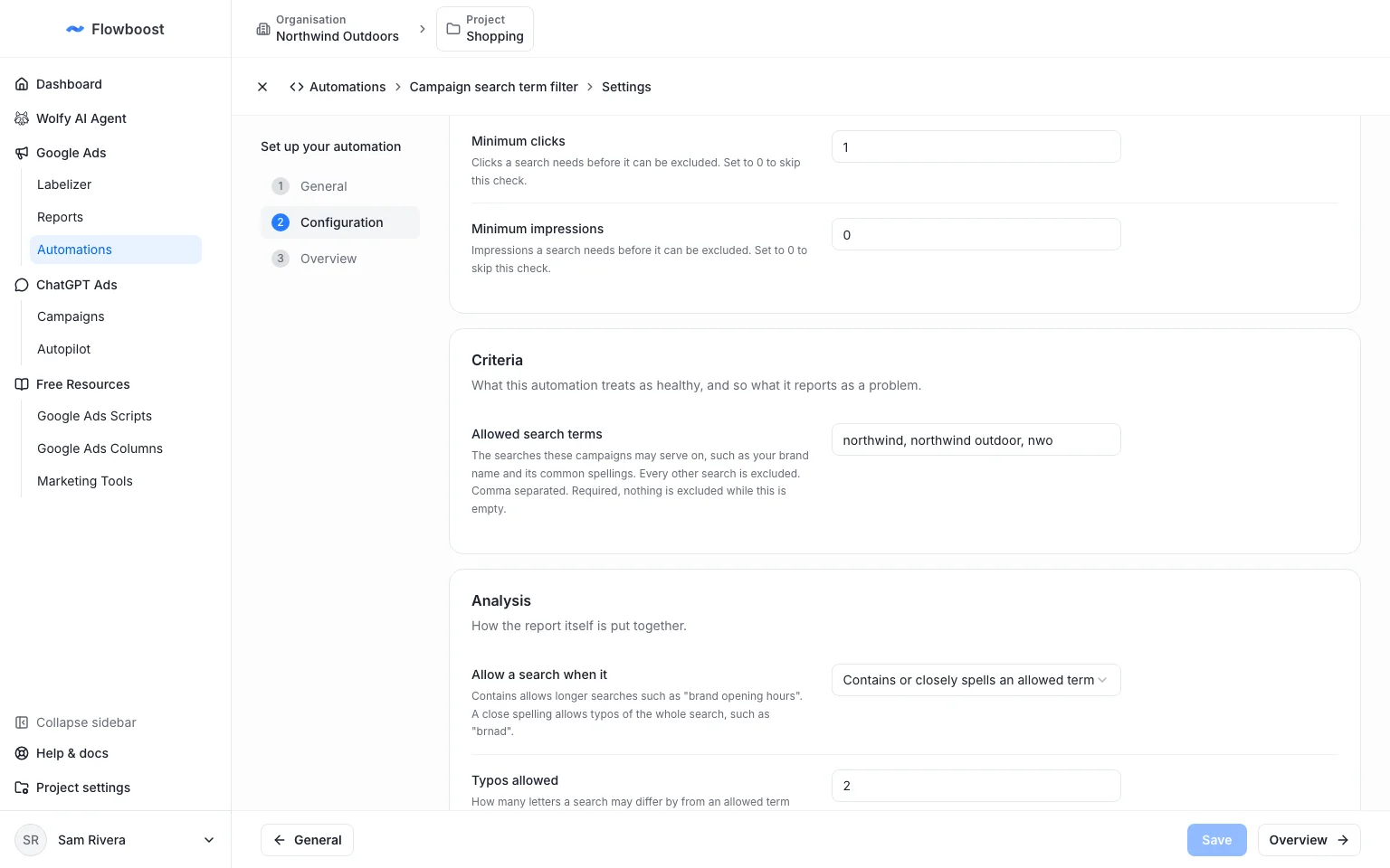 Campaign search term filter settings with allowed search terms filled in
