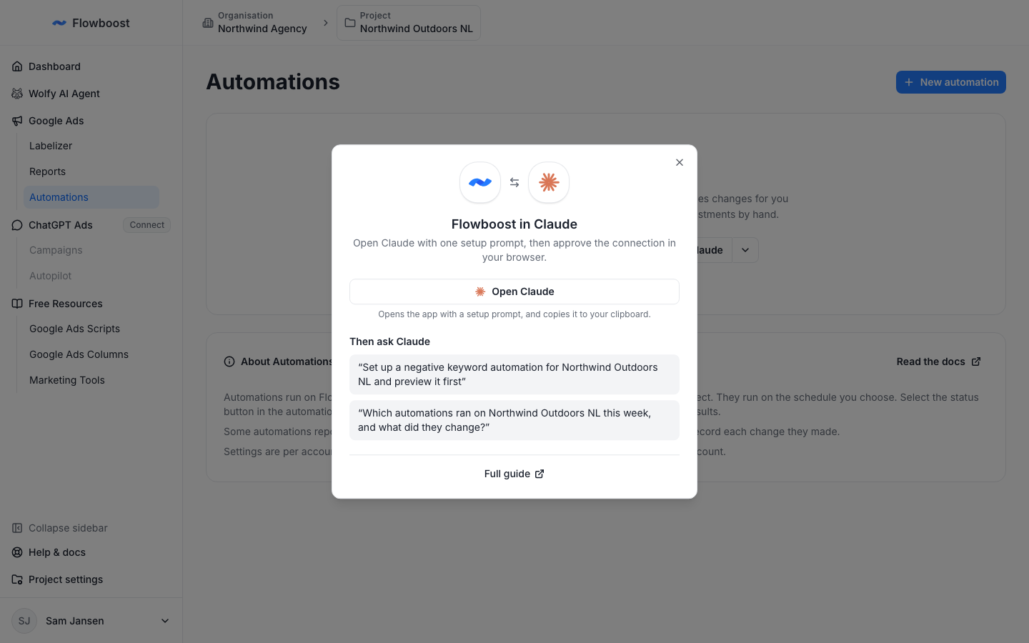 Connect Claude dialog on the Automations page, with prompts to try
