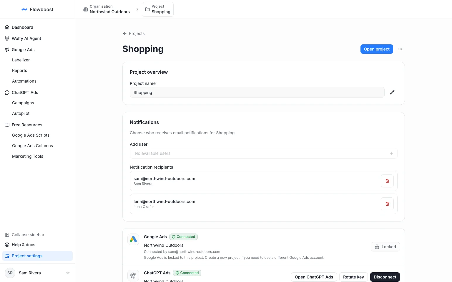 Project settings with two notification recipients