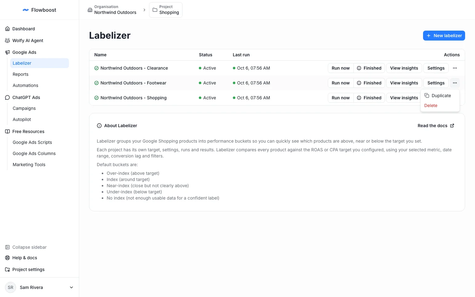 Labelizer project list with the Duplicate option open